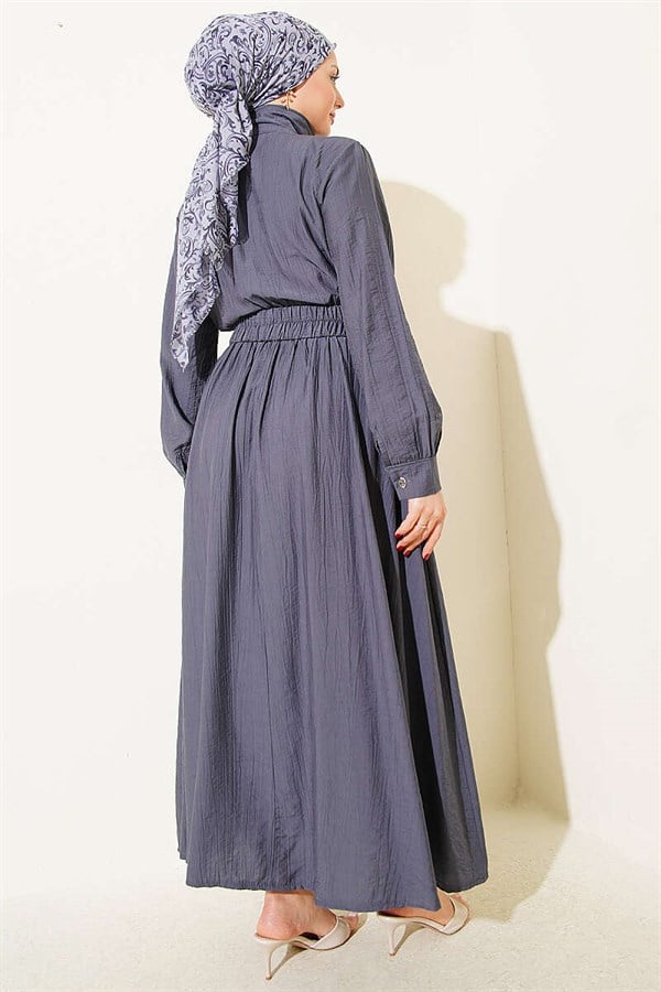 Half-Zip Elastic Waist Dress, Smoke Grey