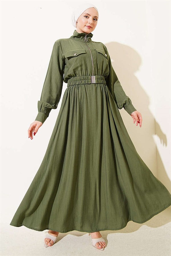 Half-Zip Elastic Waist Dress, Khaki