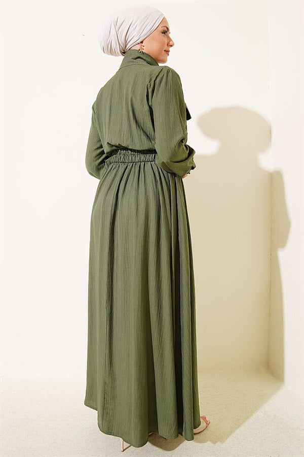 Half-Zip Elastic Waist Dress, Khaki