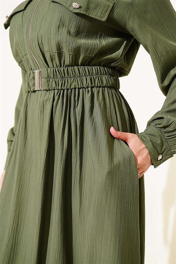 Half-Zip Elastic Waist Dress, Khaki