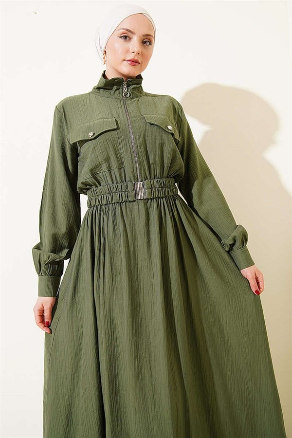 Half-Zip Elastic Waist Dress, Khaki