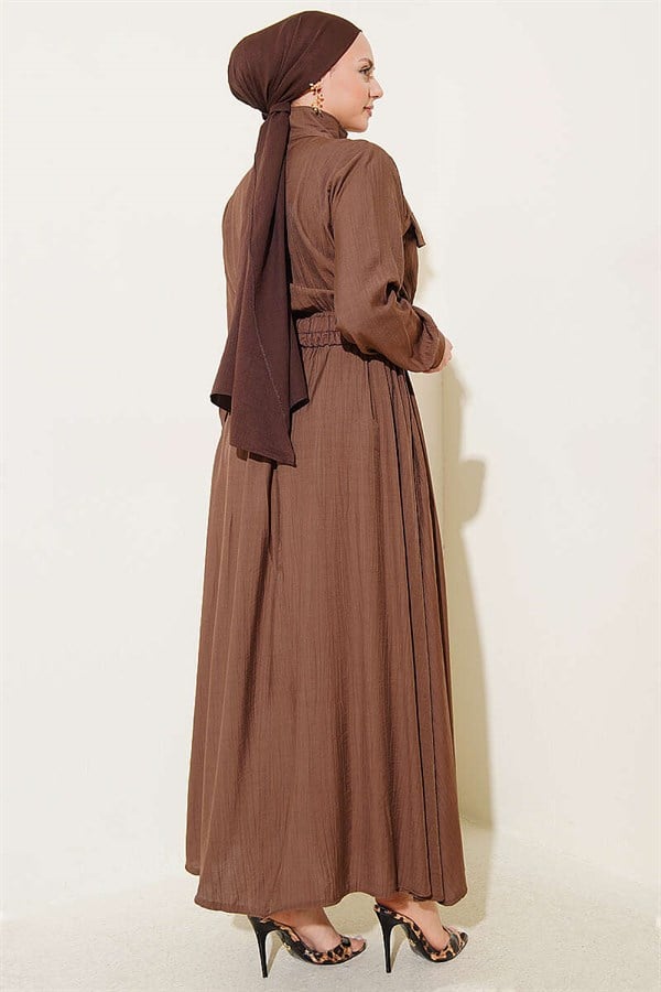 Half-Zip Elastic Waist Dress, Brown