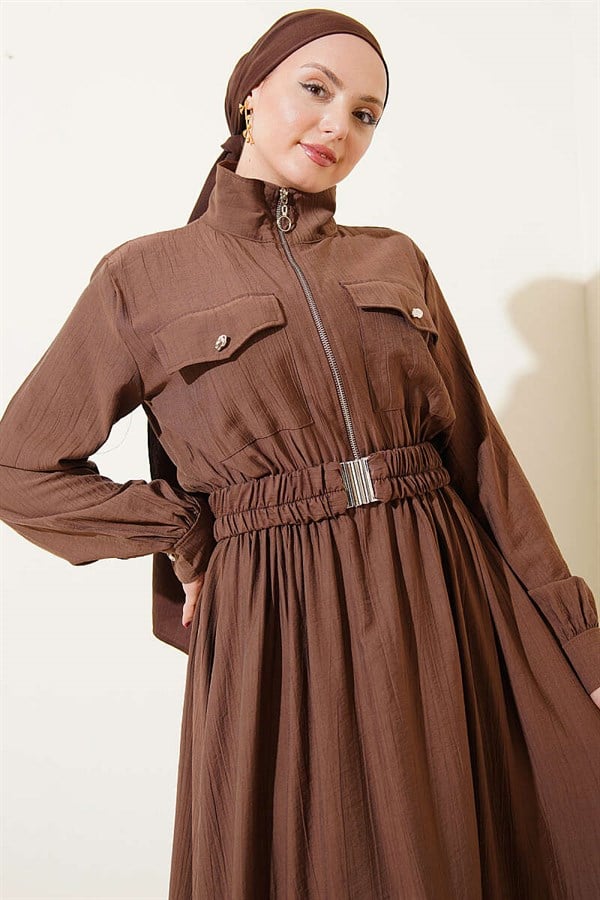 Half-Zip Elastic Waist Dress, Brown