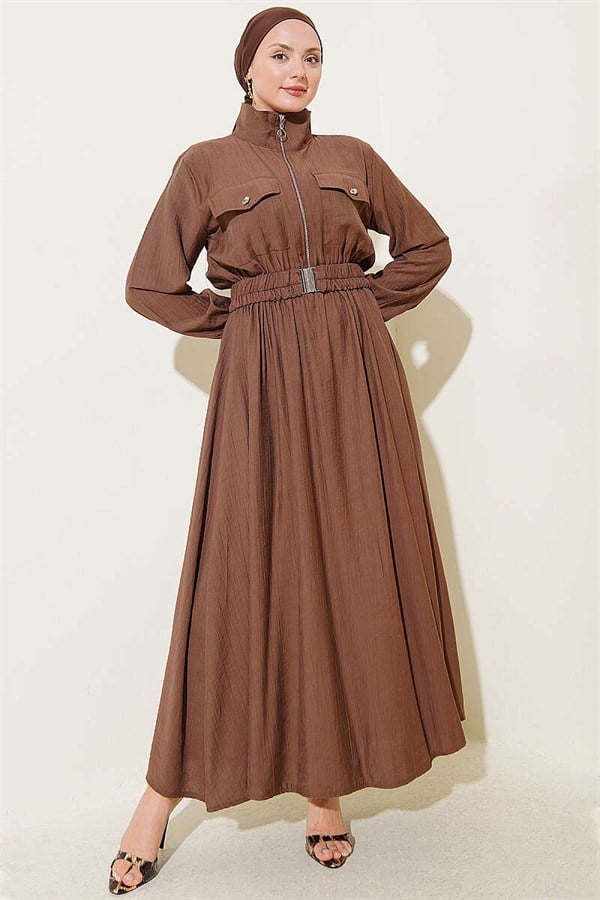 Half-Zip Elastic Waist Dress, Brown