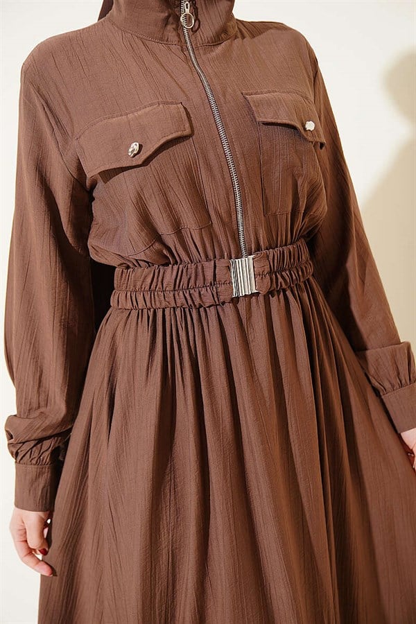 Half-Zip Elastic Waist Dress, Brown