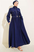 Half-Zip Elastic Waist Dress, Navy Blue
