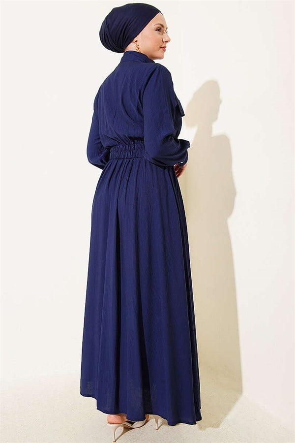 Half-Zip Elastic Waist Dress, Navy Blue