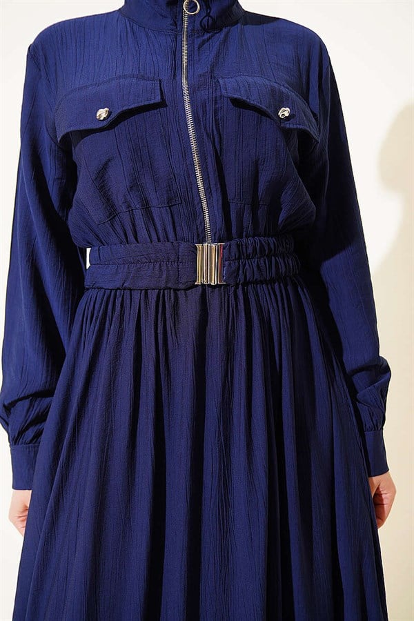Half-Zip Elastic Waist Dress, Navy Blue