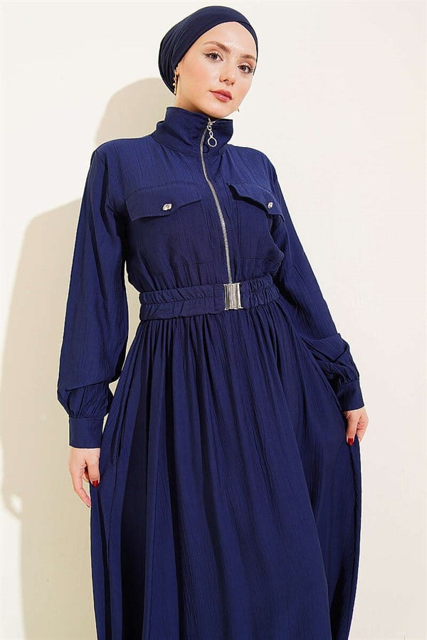 Half-Zip Elastic Waist Dress, Navy Blue