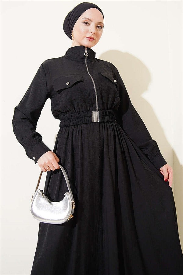 Half-Zip Elastic Waist Dress, Black