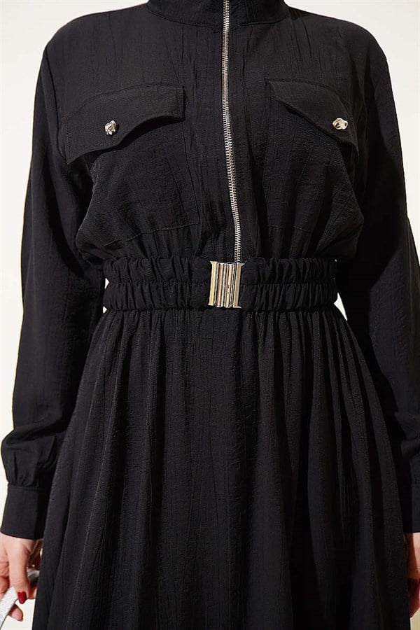 Half-Zip Elastic Waist Dress, Black