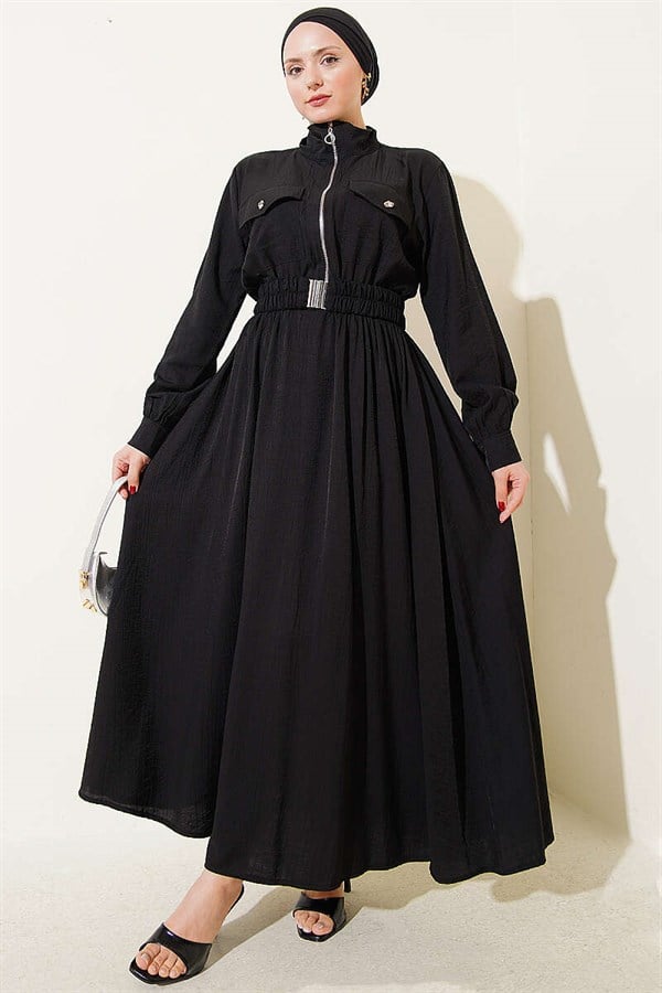 Half-Zip Elastic Waist Dress, Black