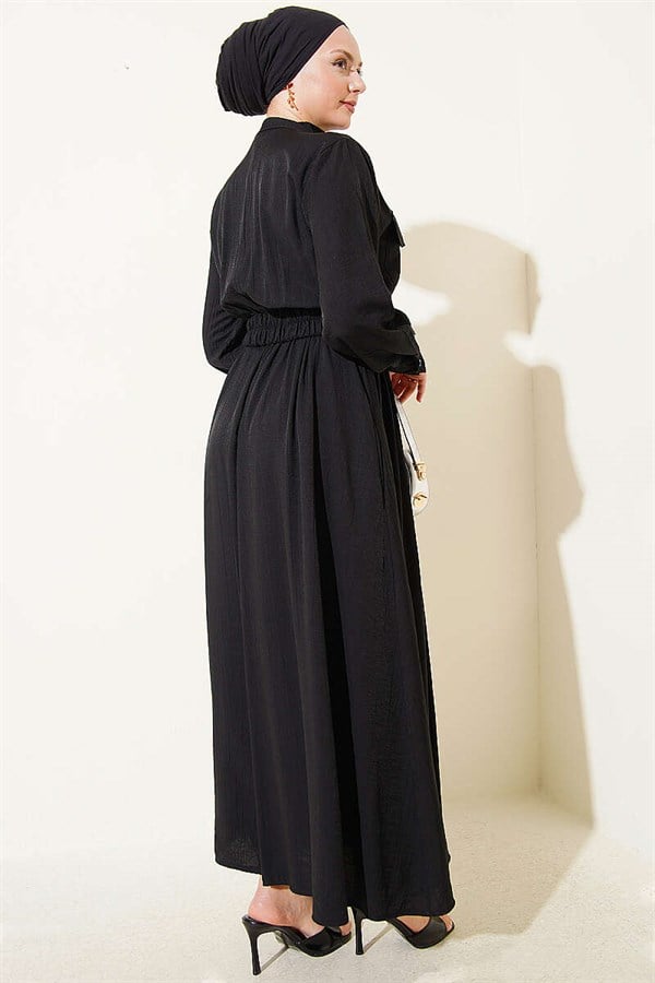 Half-Zip Elastic Waist Dress, Black