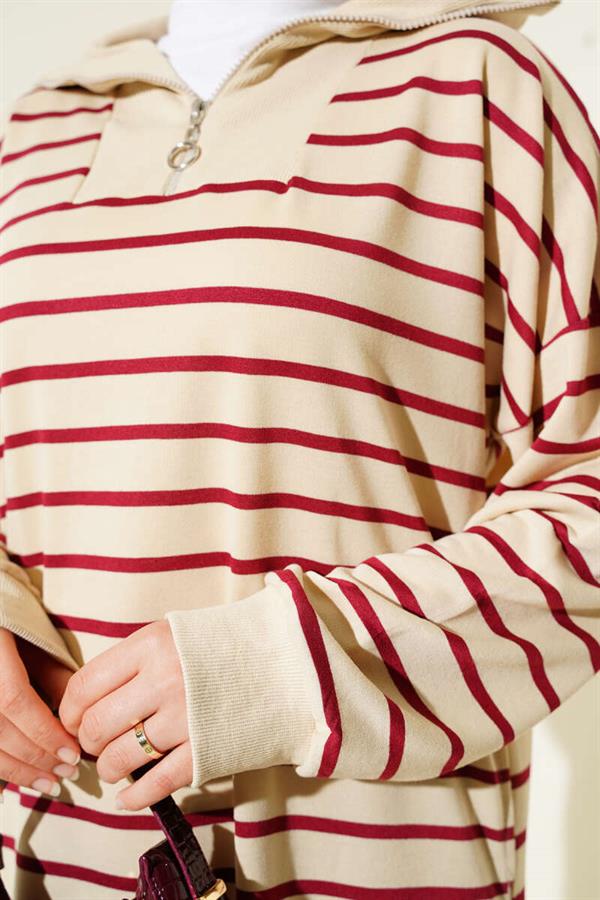 Half Zippered Striped Casual Dress Burgundy