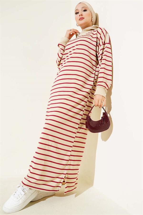 Half Zippered Striped Casual Dress Burgundy