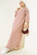 Half Zippered Striped Casual Dress Burgundy