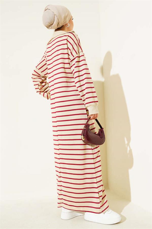 Half Zippered Striped Casual Dress Burgundy