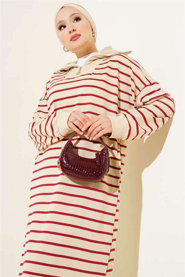 Half Zippered Striped Casual Dress Burgundy