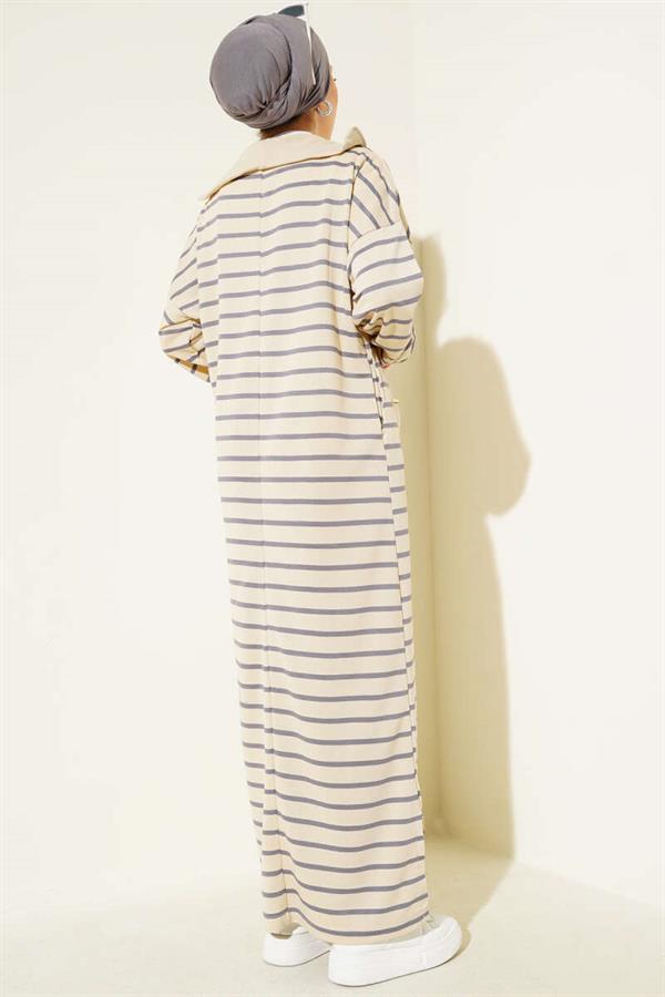 Half Zippered Striped Casual Dress in Slate Gray