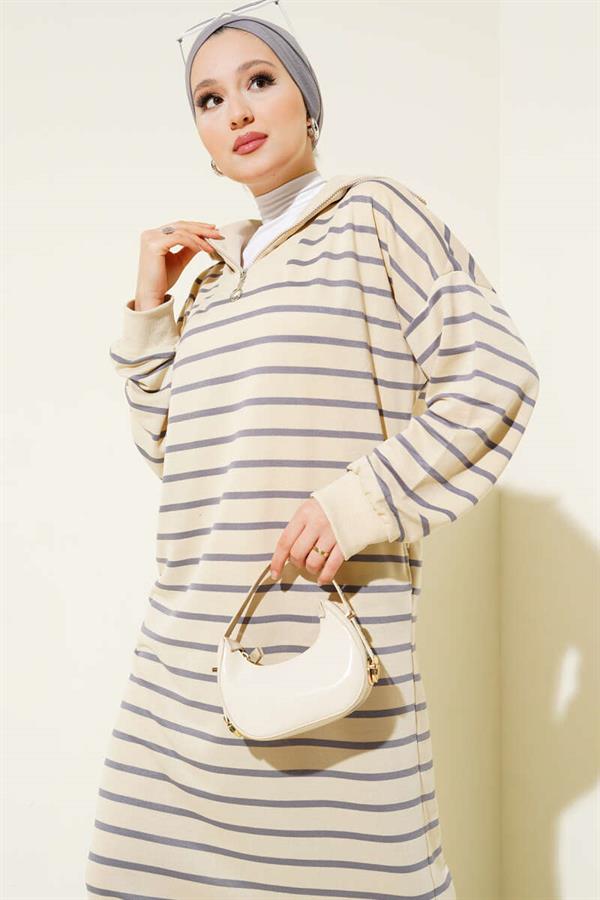 Half Zippered Striped Casual Dress in Slate Gray