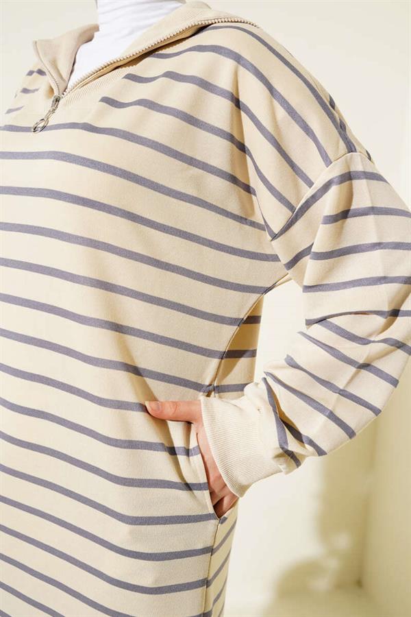 Half Zippered Striped Casual Dress in Slate Gray