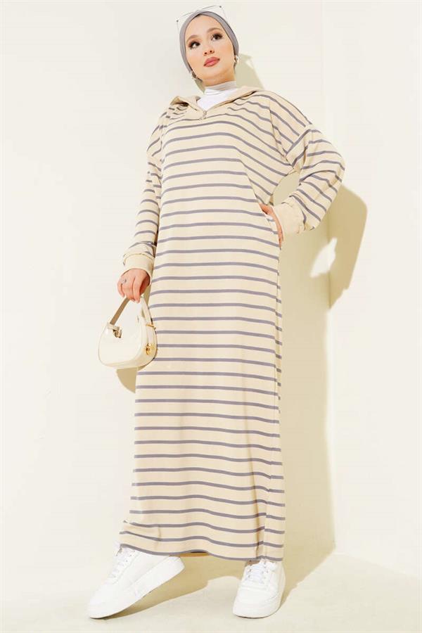 Half Zippered Striped Casual Dress in Slate Gray