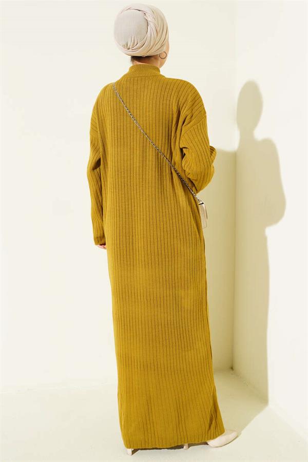 Half Zippered Sheer Ribbed Knit Dress Oil Green