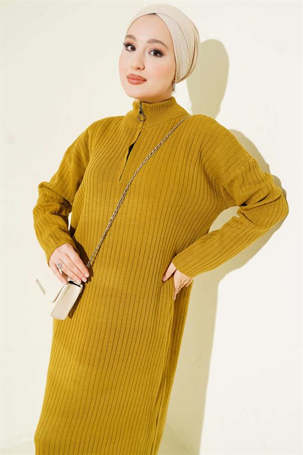 Half Zippered Sheer Ribbed Knit Dress Oil Green
