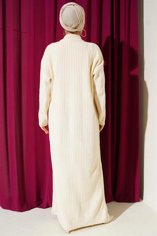 Half Zippered Sheer Ribbed Knit Dress Stone