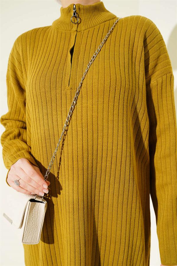 Half Zippered Sheer Ribbed Knit Dress Oil Green