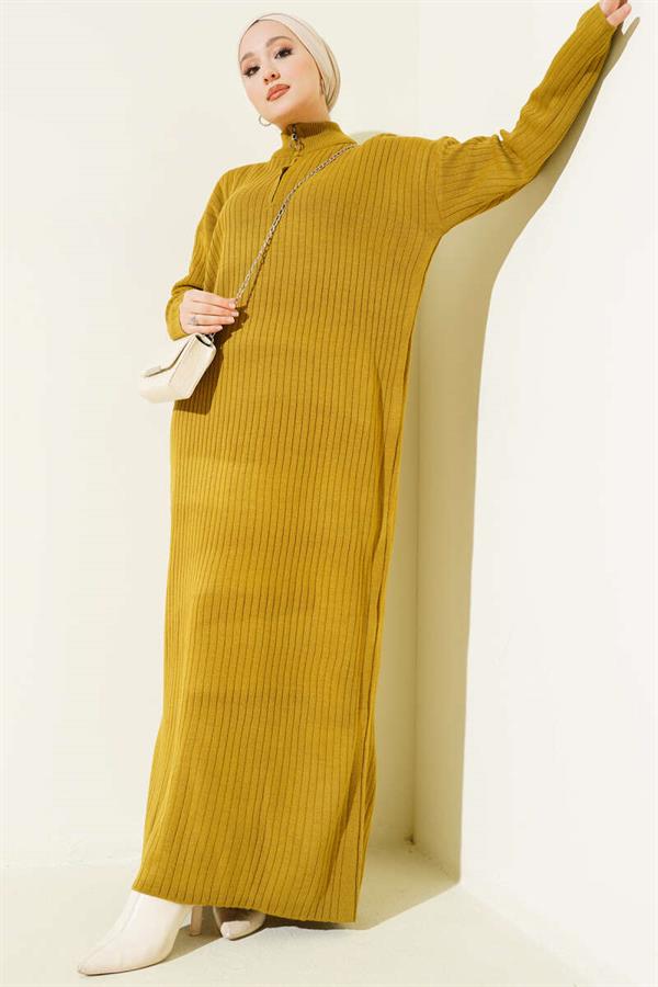 Half Zippered Sheer Ribbed Knit Dress Oil Green