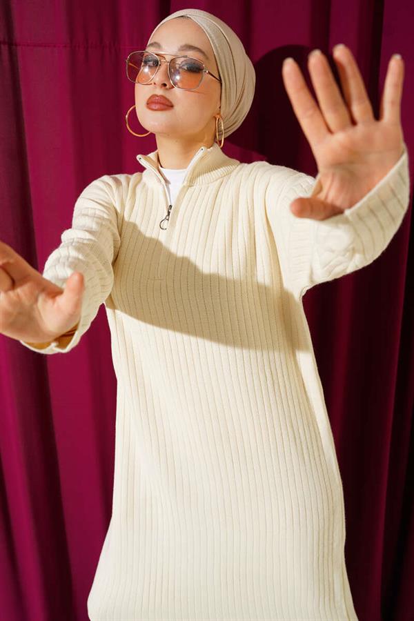 Half Zippered Sheer Ribbed Knit Dress Stone