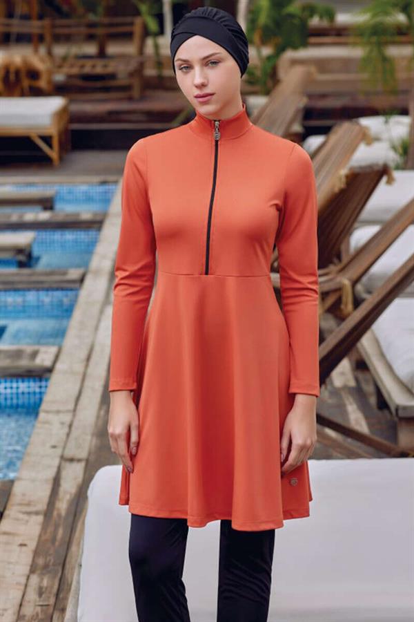 Half Zip Plain Hijab Burkini Cinnamon