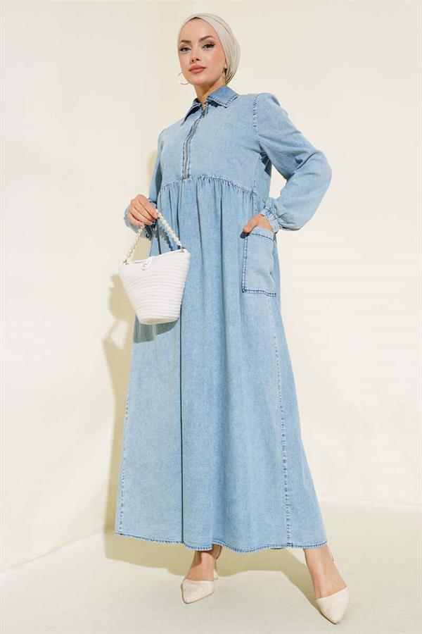 Half Zipper Skirt Pocket Denim Dress Denim Blue