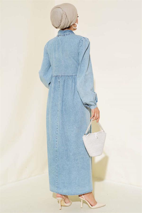 Half Zipper Skirt Pocket Denim Dress Denim Blue