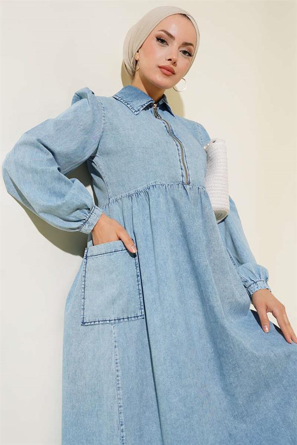 Half Zipper Skirt Pocket Denim Dress Denim Blue