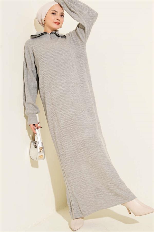 Half Zippered Ribbed Knit Dress Gray