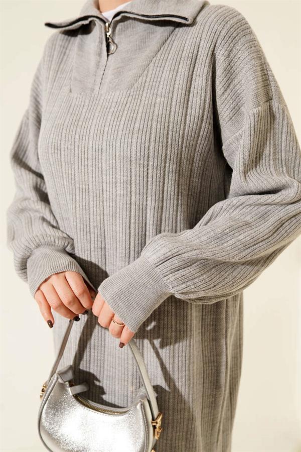 Half Zippered Ribbed Knit Dress Gray