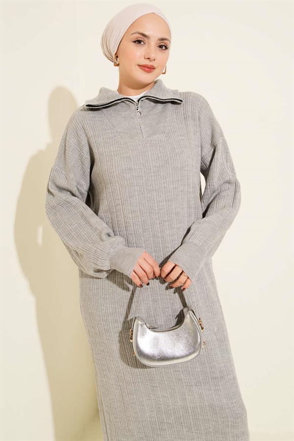 Half Zippered Ribbed Knit Dress Gray