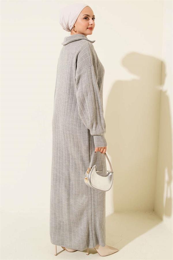 Half Zippered Ribbed Knit Dress Gray
