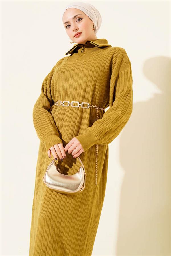 Half Zippered Ribbed Knit Dress Oil Green