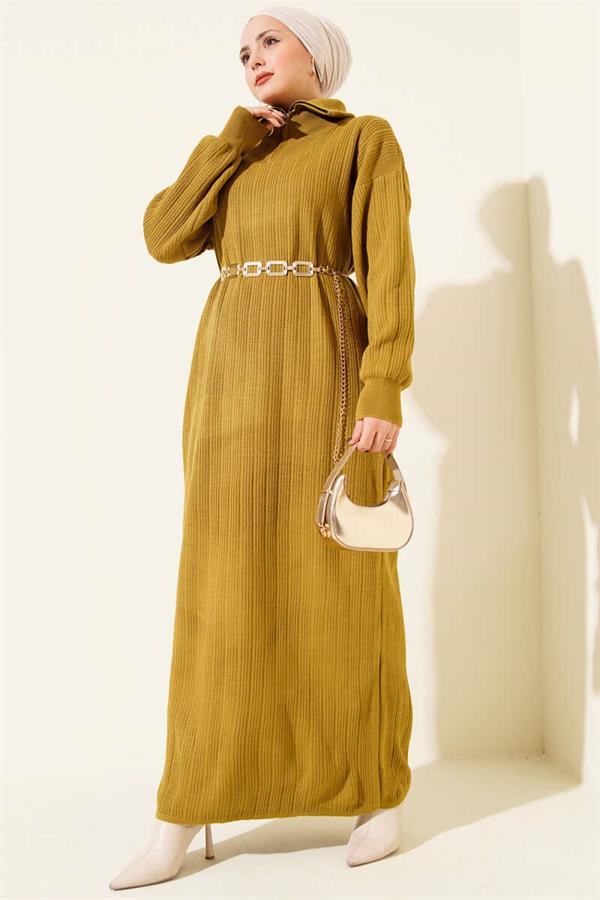 Half Zippered Ribbed Knit Dress Oil Green