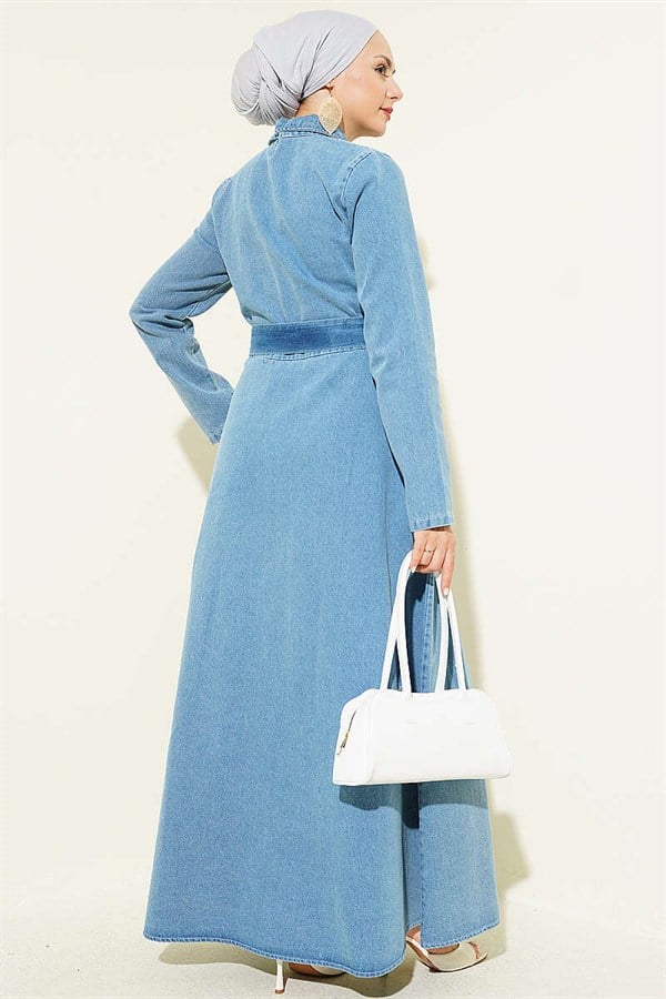 Half-Zip Shirt Collar Denim Dress, Light Blue