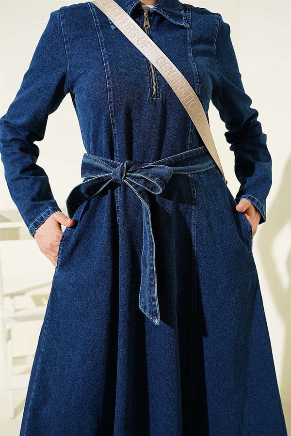 Half-Zip Shirt Collar Denim Dress Dark Blue