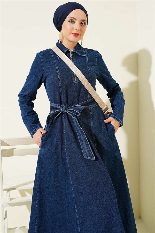 Half-Zip Shirt Collar Denim Dress Dark Blue