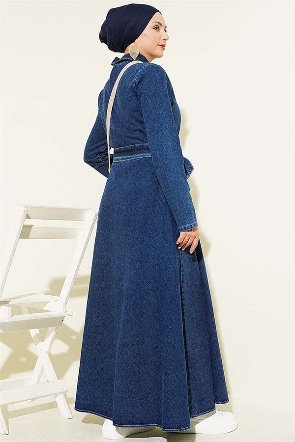 Half-Zip Shirt Collar Denim Dress Dark Blue
