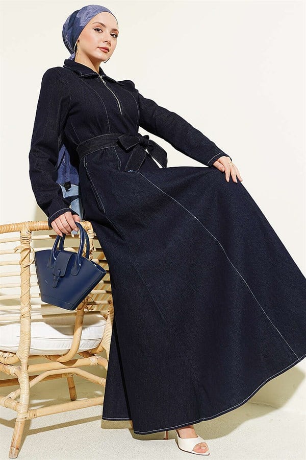 Half-Zip Shirt Collar Denim Dress Navy Blue