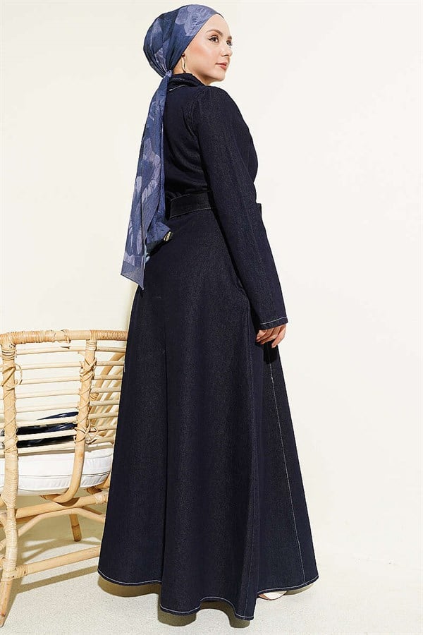 Half-Zip Shirt Collar Denim Dress Navy Blue