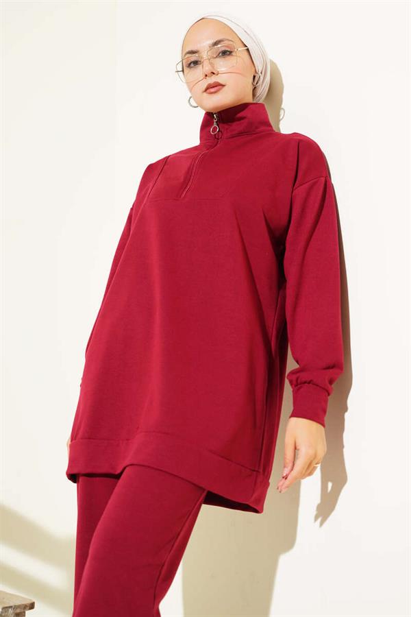 Half Zippered 2 Piece Set Burgundy
