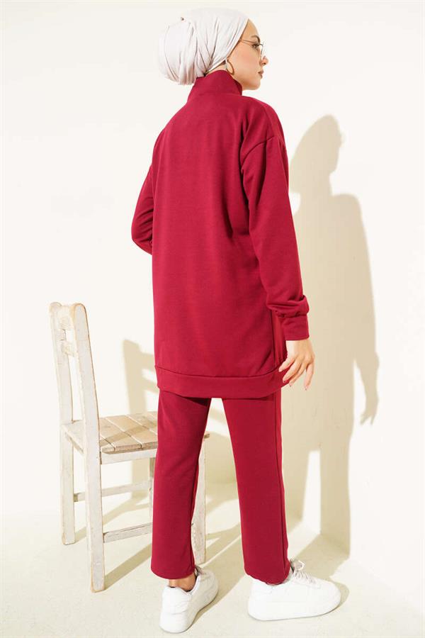 Half Zippered 2 Piece Set Burgundy